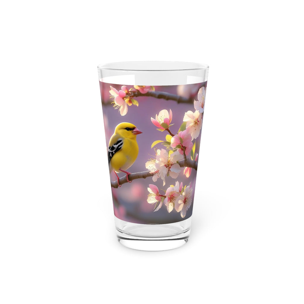 Springtime Bird Pint Glass, Floral Pint Glass, Yellow Finch Glassware, Nature Lover Gift, Easter Tableware, Garden Decor
